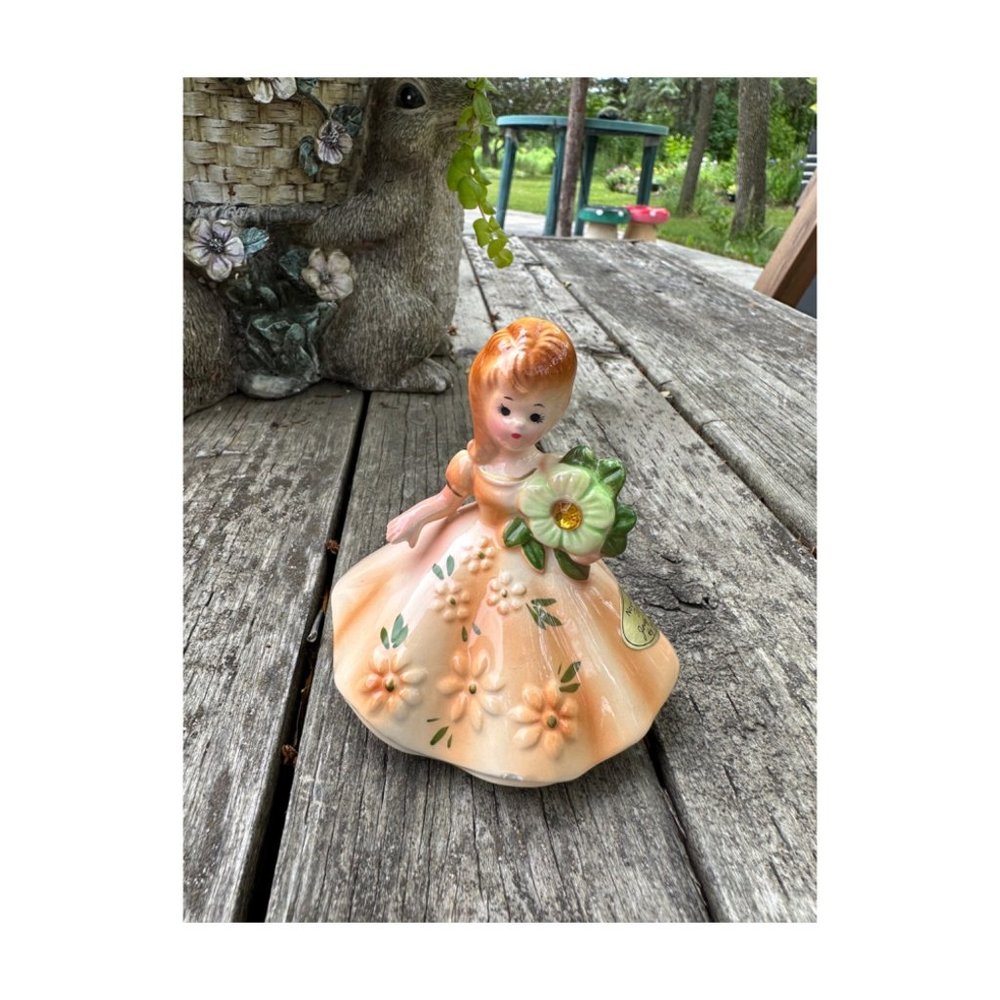 Vtg Josef Originals Figurine - November - Topaz - Girl in Peach Dress With Cryst